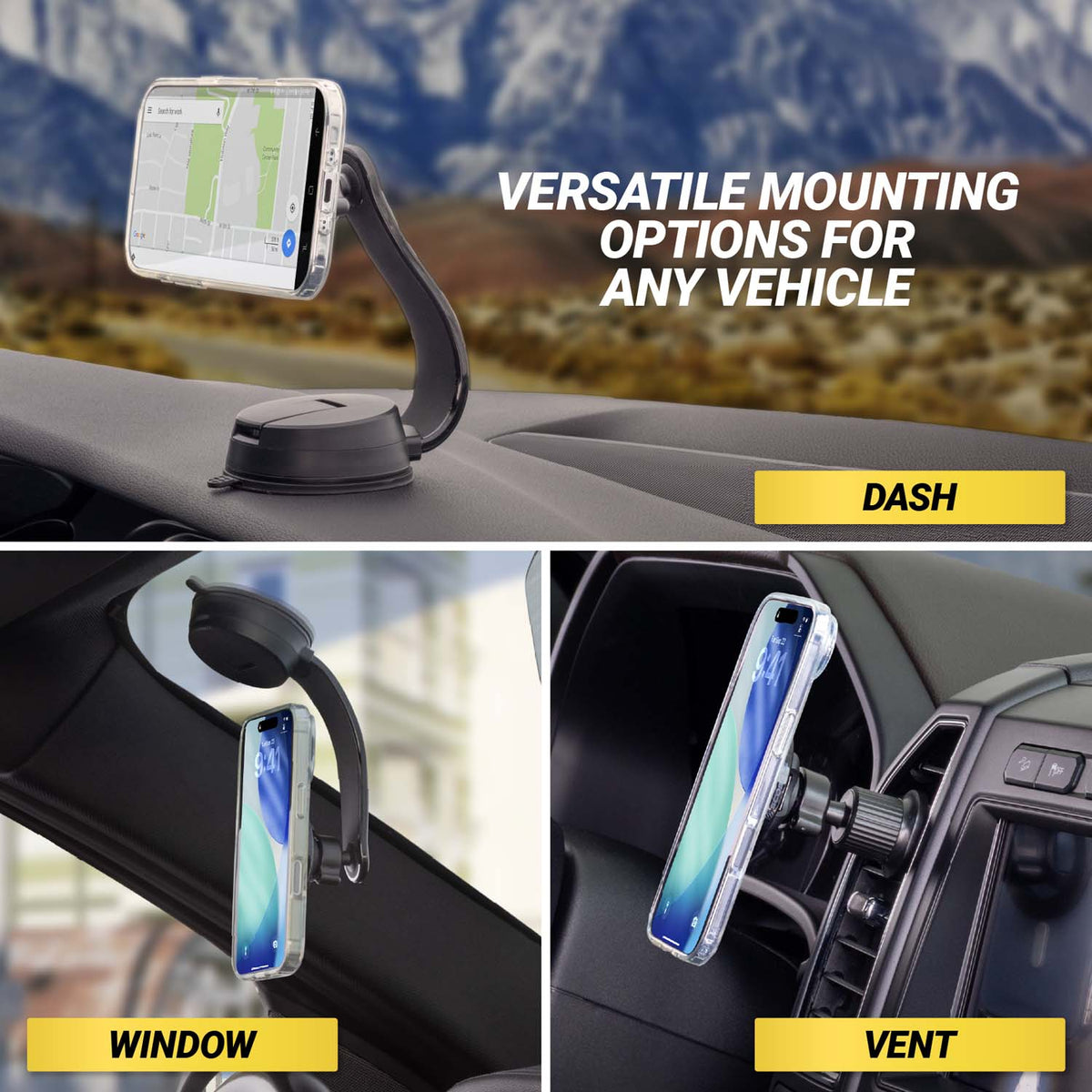 Versatile mountigt options for any vehicle - dash, window, vent