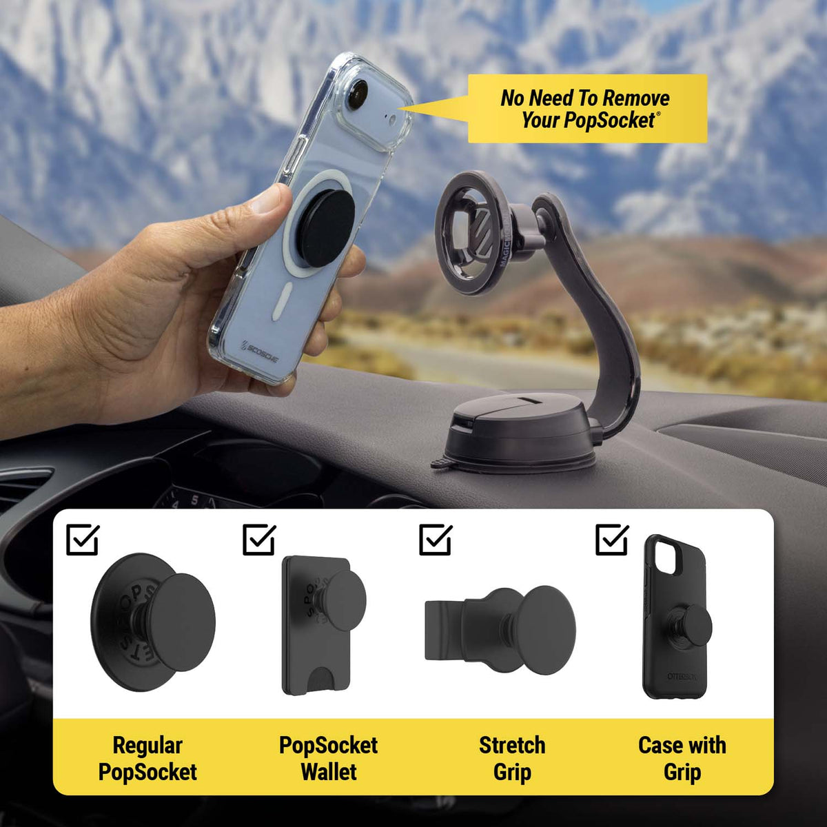 No need to remove your PopSockset. Works with Regular PopSocket, PopSocket Wallet, Stretch Grip, Case with grip