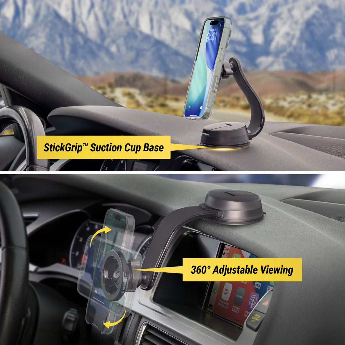 StickGrip suction cup base. 360 degree adjustable viewing