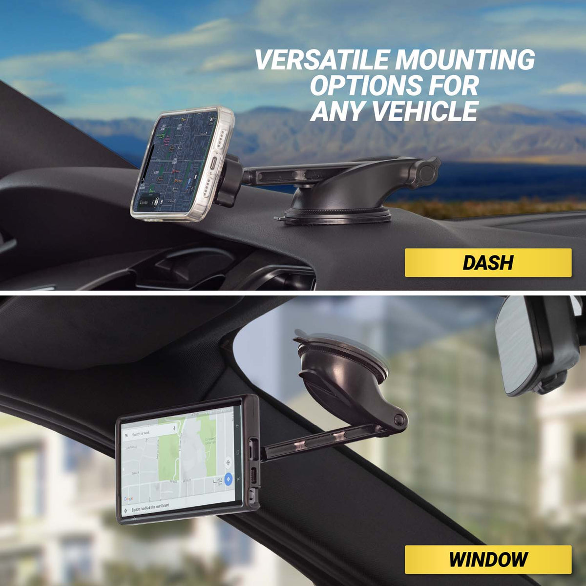 Versatile mounting options for any vehicle - dash, window
