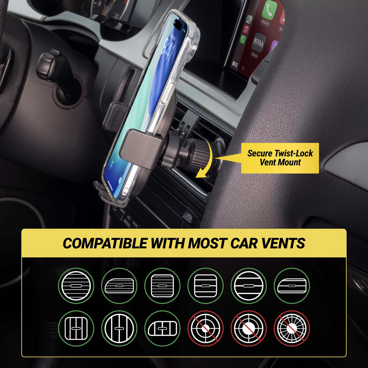 Compatible with most horizontal or vertical vents but not circular. Secure Twist-lock vent mount.