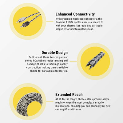 Enhanced connectivityWith precision-machined connectors  the Scosche A16C4 cables ensure a secure fit with your aftermarket radio and car audio amplifier for uninterrupted sound. Durable designBuilt to last  these twisted pair car stereo RCA cable