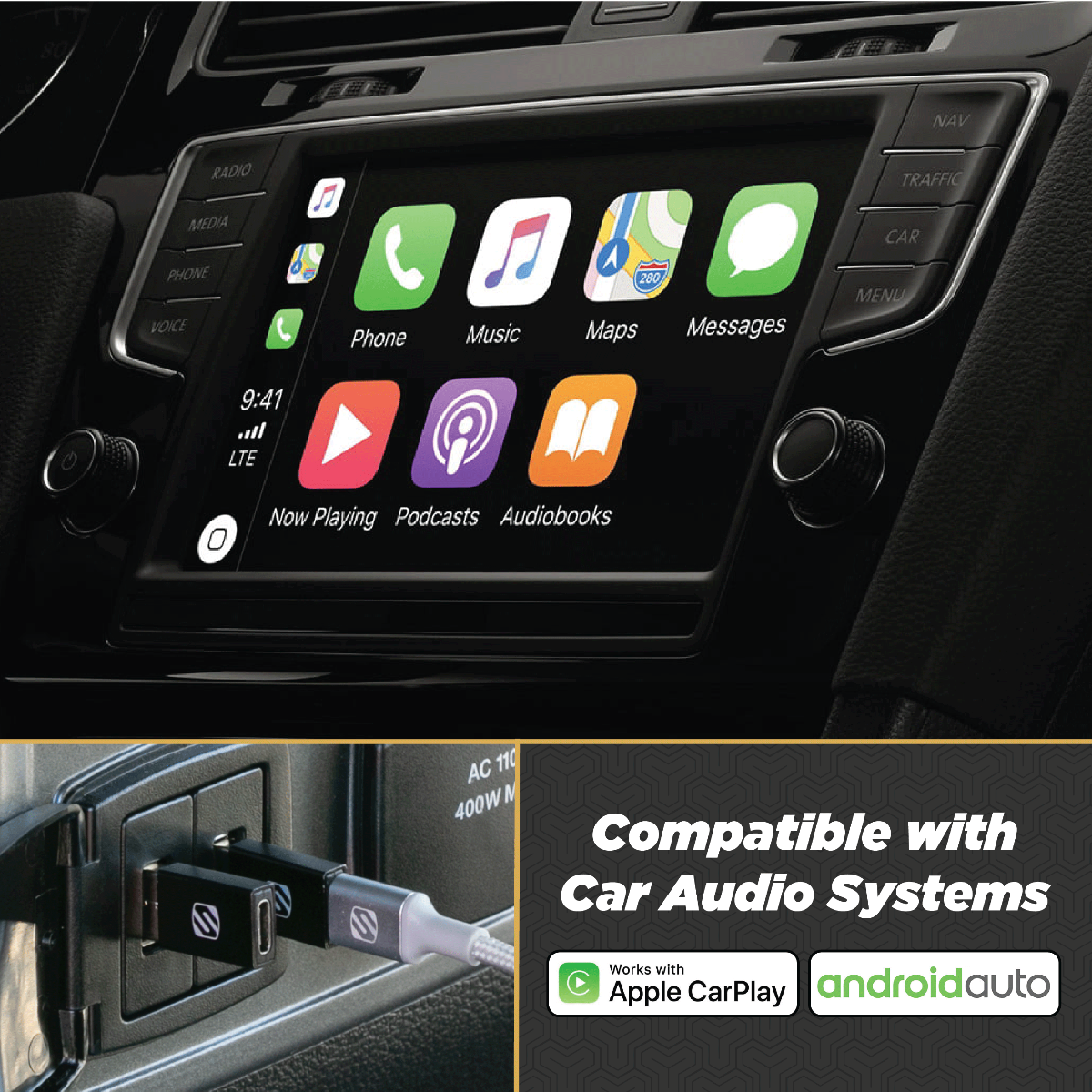 Compatible with car audio systems. Works with Apple carplay and androidauto