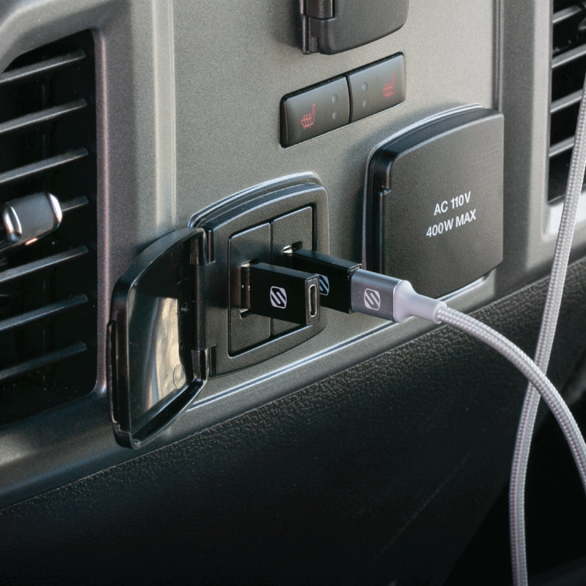 2 pack USB-A to USB-C Adapter with cable plugged in to car