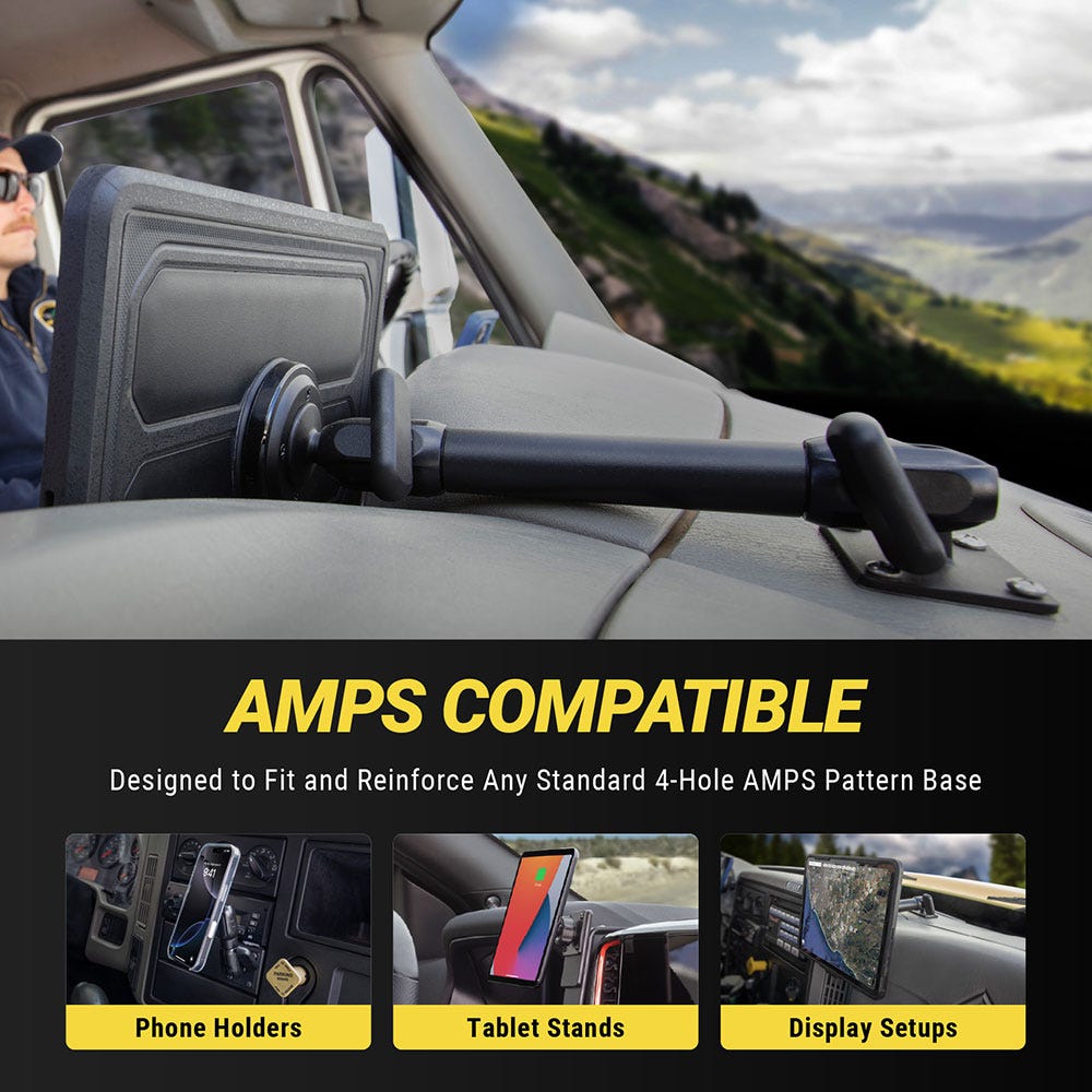 AMPS compatible. Designed to fit and reinforce any standard 4-hole AMPS pattern base. phone holder  tablet stand  display setup