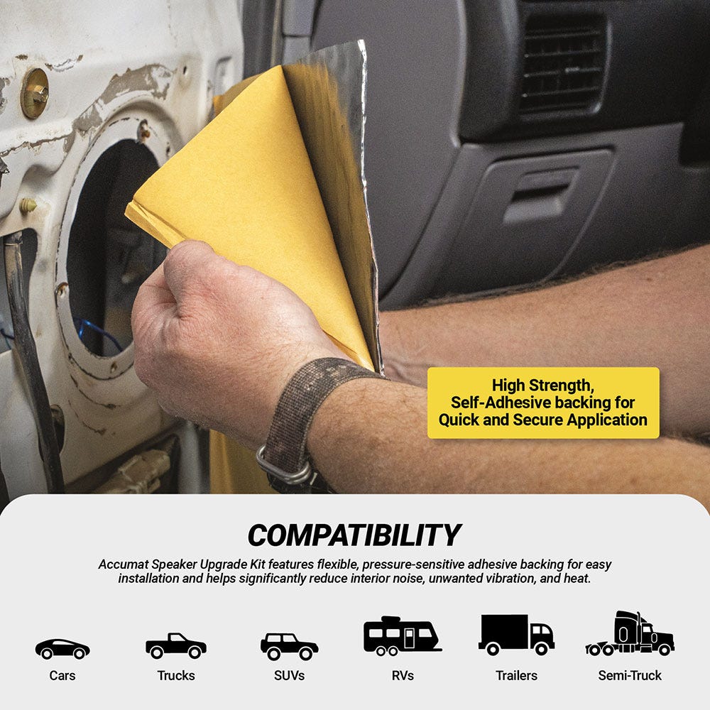 High-strength  self-adhesive backing for quick and secure application. Compatibility: Accumat Speaker Upgrade Kit features flexible  pressure-sensitive adhesive backing for easy installation and helps significantly reduce interior noise  unwanted vibratio