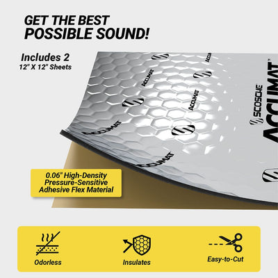 Get the best possible sound! Includes 2 12 x 12" sheets. 0.06" high-density pressure-adhesive adhesive flex material. Odorless. Insulates. Easy to cut. "