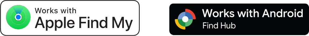 Logos for Works with Apple Find My nd Works with Android Find Hub
