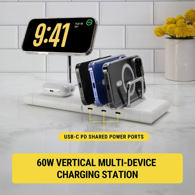 60W vertical multi-device charging station. USB-C shared power ports.