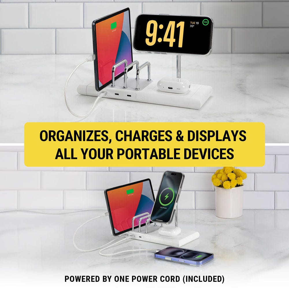 Organize  charge and store your portable devices. Powered by one power cord (included)
