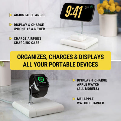 Organizes  charges and displays all your portable devices. Adjustable angle. Display and charge iPhone 12 and newer. Charge Airpods charging case. Display and charge apple watch. MFi apple watch charger.