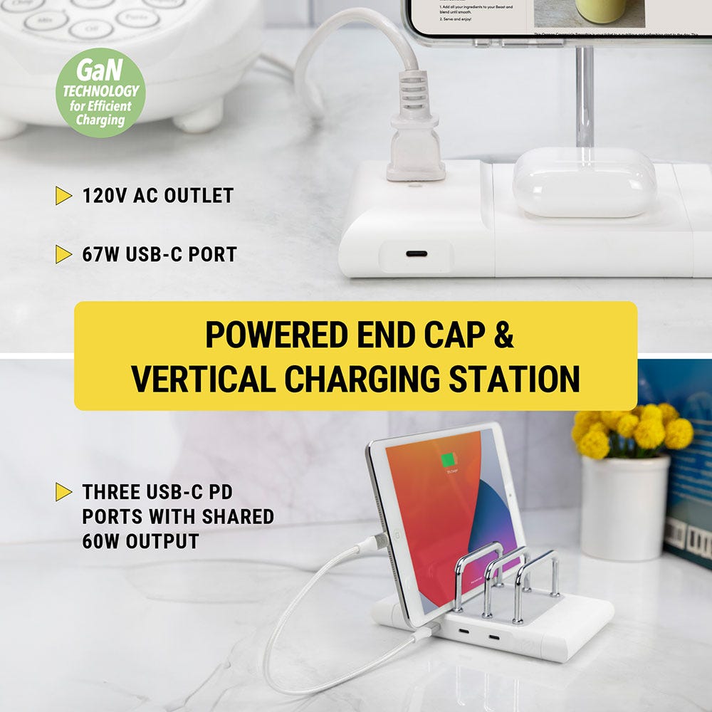 Powered End Cap and Vertical charging station - 120V AC outlet  67 W USB-C port  3 USB-C PD ports with shared 60W output