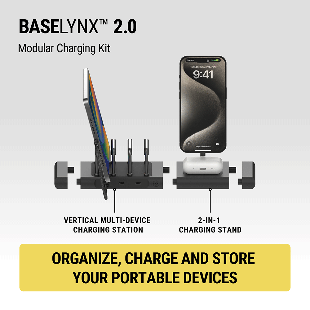 BaseLynx 2.0 modular charging station. Vertical multi-device charging station  2-in-1 stand. Organize  charge and store your portable devices.