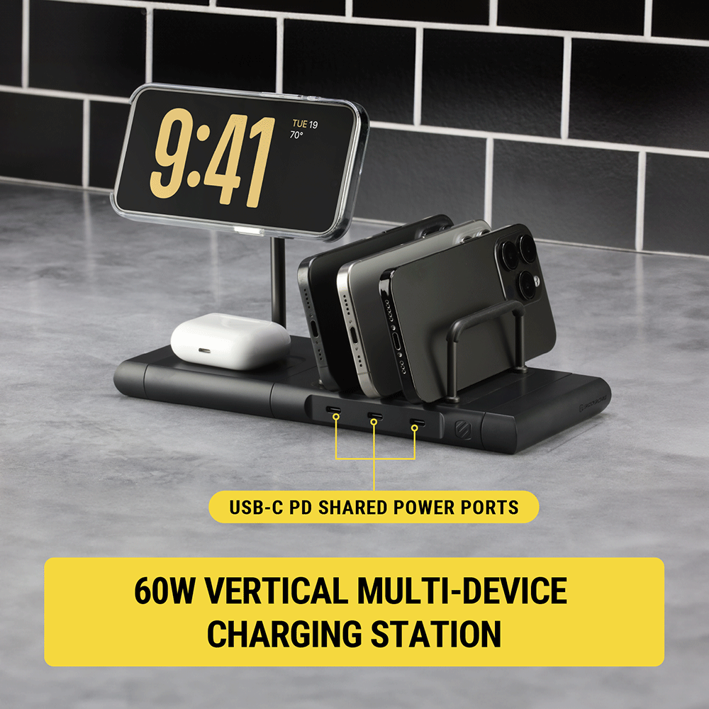 60W vertical multi-device charging station. USB-C PD shared power ports