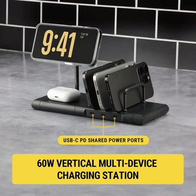 60W vertical multi-device charging station. USB-C PD shared power ports