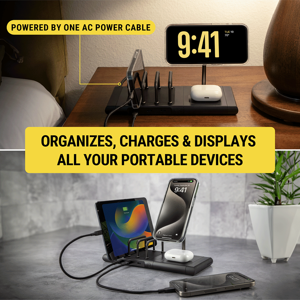 Organizes  charges and displays all your portable devices. Powered by one AC power cable