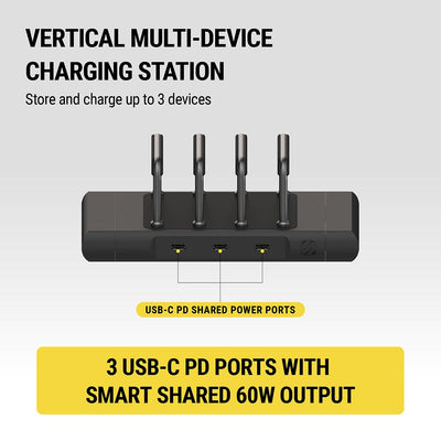 Vertical Multi-device charging station - store and charge up to 3 devices. USB-C PD shared power ports. 3 USB-C PD ports with smart shared 60W output
