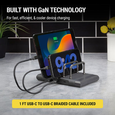 Built with GaN technology for fast efficient and cooler device charging.1 Ft. USB-C to USB-C braided cable included