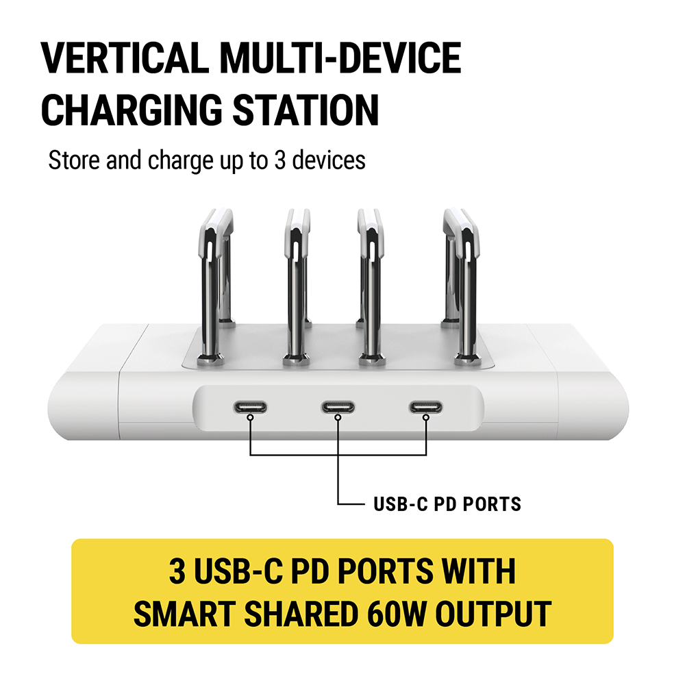 Vertical Multi-Device charging station. Store and charge up to 3 devices. USB-C PD Ports. 3 USB-C PD ports with smart shared 60W output.