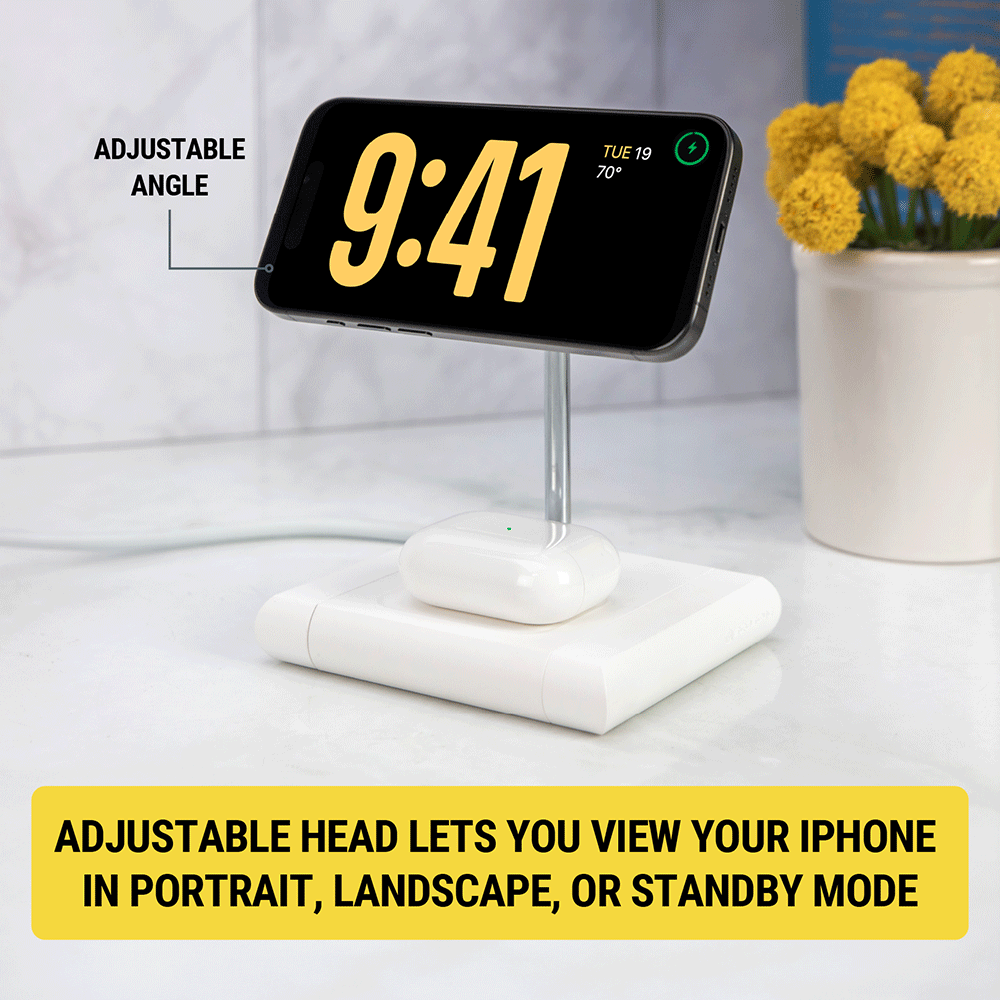 Adjustable head lets you view your iPhone in portrait  landscape or standby mode. Adjustable angle.