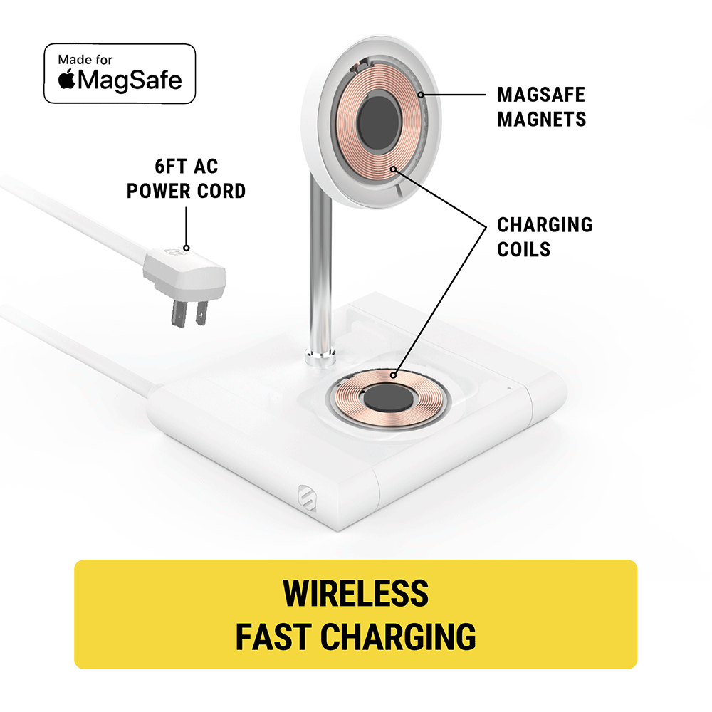 Made for Apple MagSafe. Features 6 foot power cord  MagSafe magnets  charging coils. Wireless fast charging.