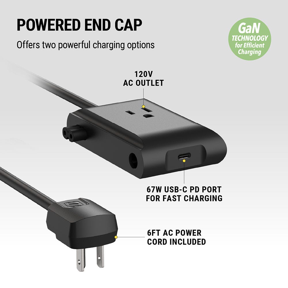 Powered End Cap offers two powerful charging options. GaN technology for efficient charging. 120V AC outlet. 67W USB-C PD port for fast charging. 6Ft. AC power cord included.