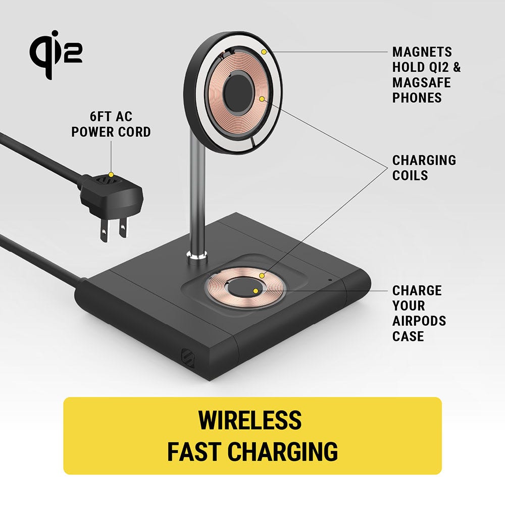 Wireless fast charging. Qi2. 6ft. AC power cord. Magnets hold Qi2 and MagSafe phones. Charging coils. Charge your AirPods case.