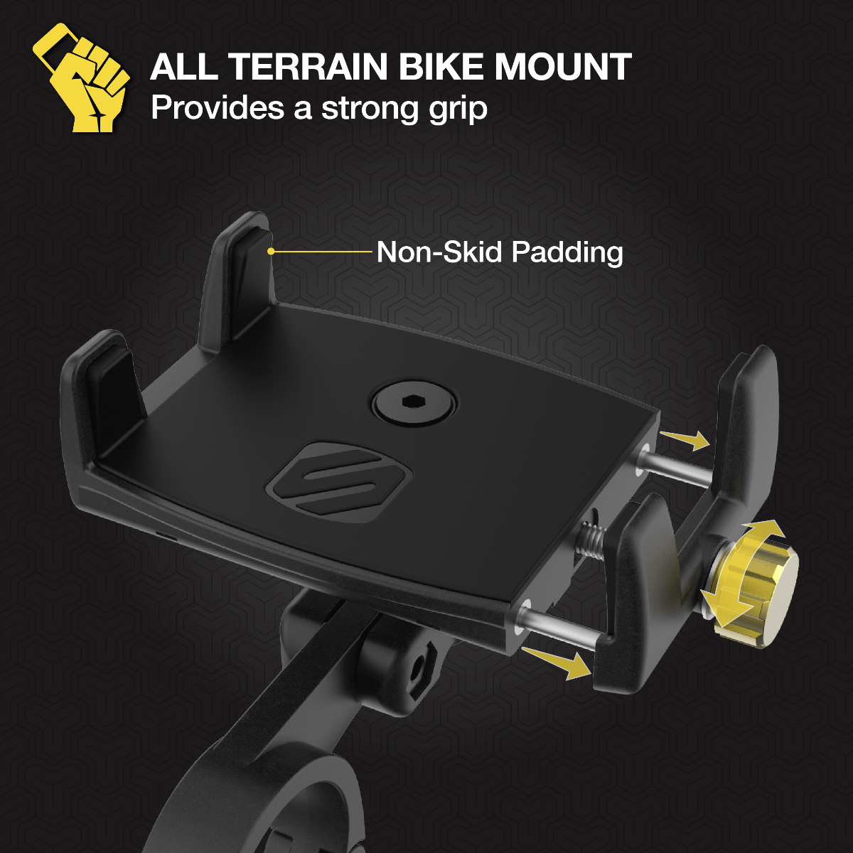All terrain bike mount provides a strong grip. Non-skid padding