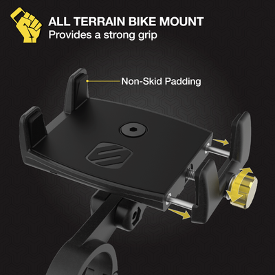 All terrain bike mount provides a strong grip. Non-skid padding