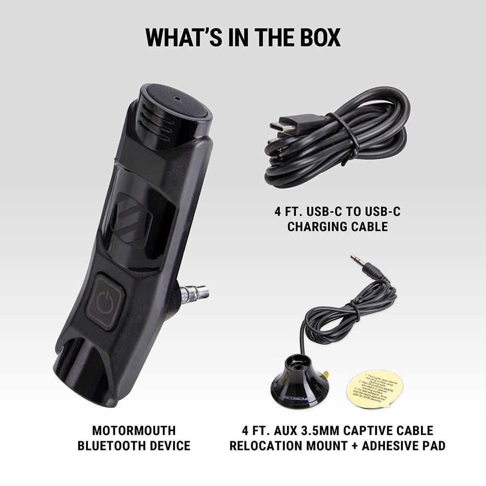 What's in the box. 4 ft USB-C to USB-C charging cable  motormouth bluetooth device  4 ft. AUX 3.5mm captive cable relocation mount and adhesive pad