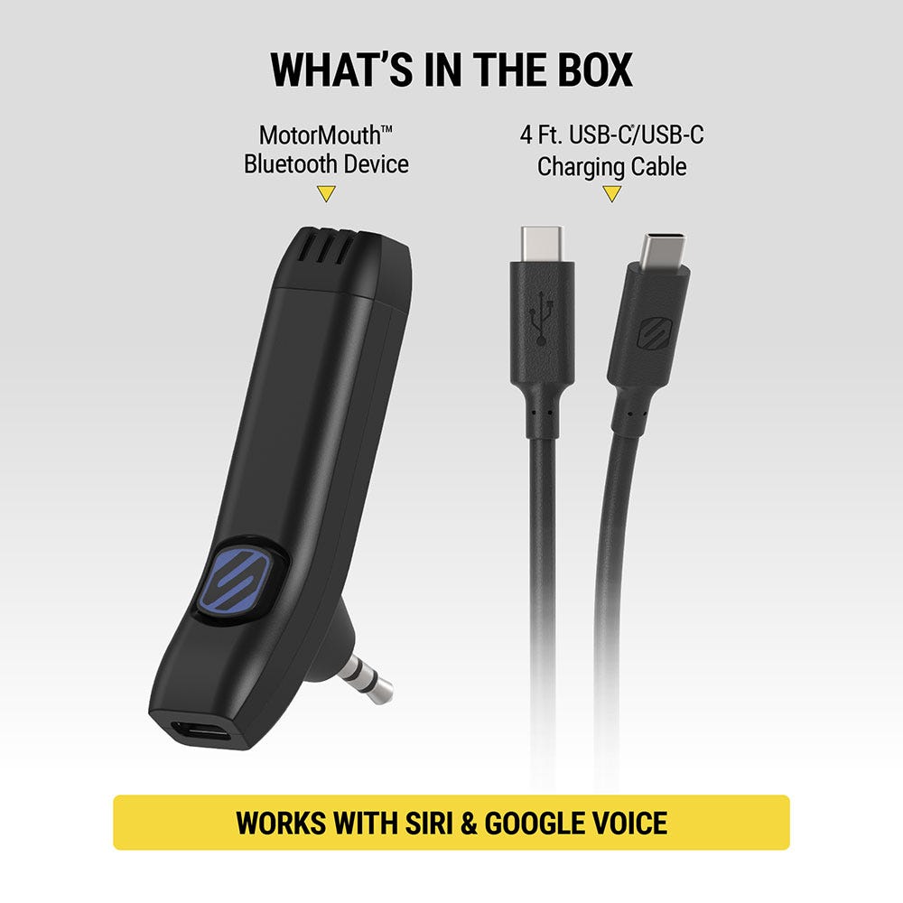 What's in the box: MotorMouth Bluetooth Device  4Ft USB-C charging cable. Works with Siri and Google Voice