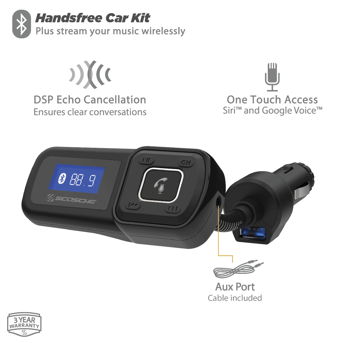 Handsfree car kit. Plus stream your music wirelessly. DSP echo cancellation ensures clear conversations. One Touch Access for Siri and Google Voice. Aux port cable included.