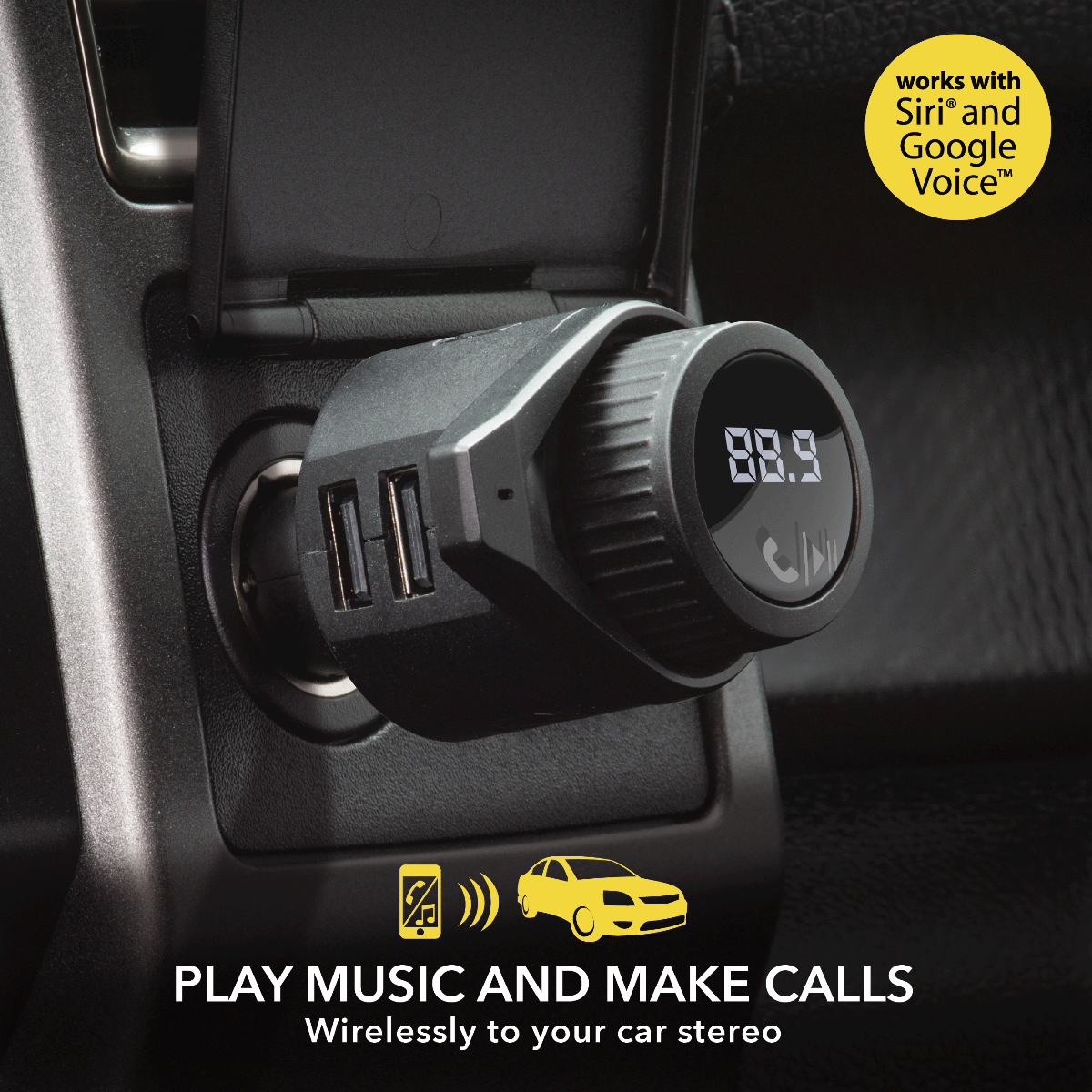 Play music and make calls wirelessly to your car stereo. Works with Siri and Google Voice.