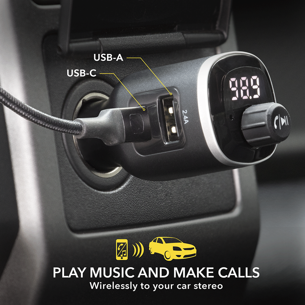 USB-A & USB-C ports. Play music and make calls wirelessly to your car stereo.