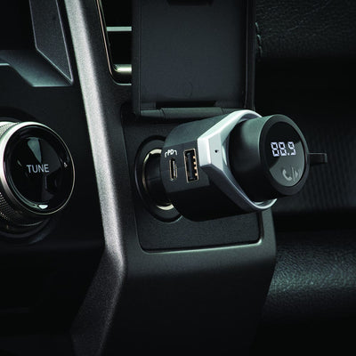 silver car charger fm transmitter bluetooth hands free smartphone with USBc and USB connectors with display in car