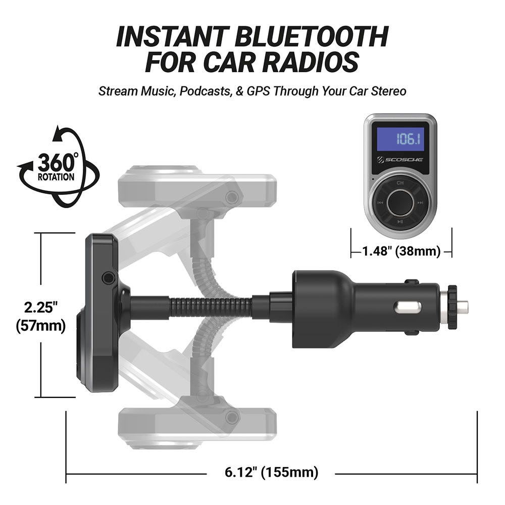 INSTANT BLUETOOTH FOR CAR RADIOS. Stream Music  Podcasts  & GPS Through Your Car Stereo. 360 degree rotation. Face measures 2.25 (57mm) x 1.48" (38mm). 6.12" (155mm) depth."