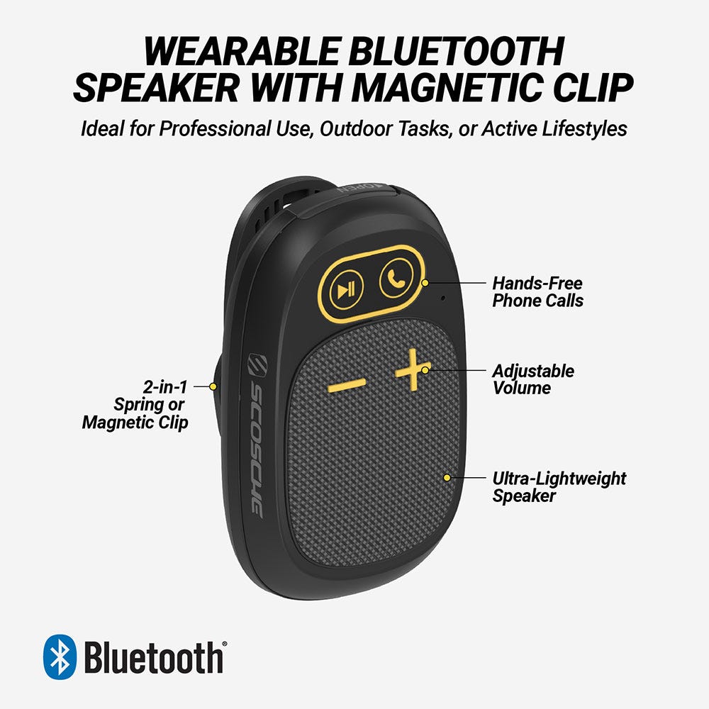 Wearable Bluetooth Speaker with Magnetic Clip. Ideal for Professional Use  Outdoor Tasks  or Active Lifestyles. Hands-Free Phone Calls  Adjustable Volume  Ultra-Lightweight Speaker  2-in-1 Spring or Magnetic Clip. Bluetooth.