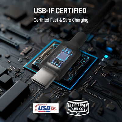 USB-IF Certified. Certified fast and safe charging. Certified USB 5gpbs  240 W. Limited lifetime warranty.