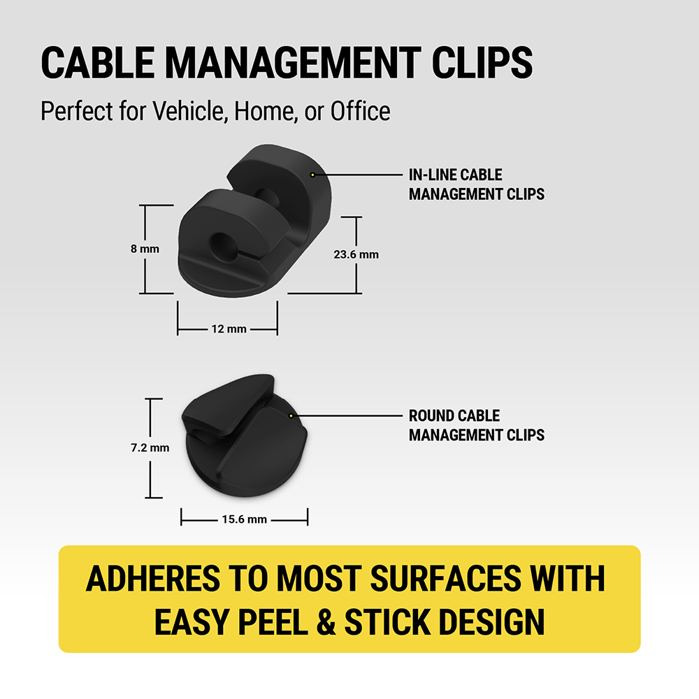 Cable management clips - perfect for vehicle  home or office. In-Lin clips measure 12mm x 23.6mm base and 8mm high. Round clips measure 15.6mm diameter by 7.2mm high.