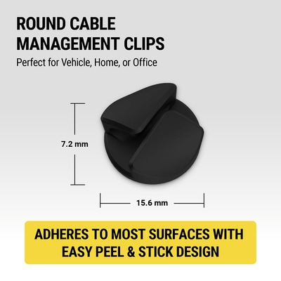 Round cable management clips. Perfect for vehicle  home or office. Measures 7.2mm high by 15.6mm diameter. Adheres to most surfaces with easy peel and stick design.
