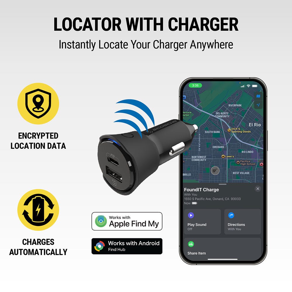 Locator with charger. Instantly locate your charger anywhere. Encrypted location data. Charges automatically. Works with Apple Find My. Works with Android Find Hub.