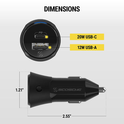 Dimensions: 1.21 x 2.55". Features 20W USB-C & 12W USB-A."