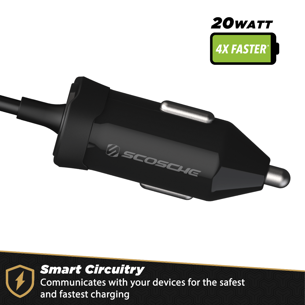 20watt 4X faster. Smart circuitry communicates with your devices for the safest and fastest charging.