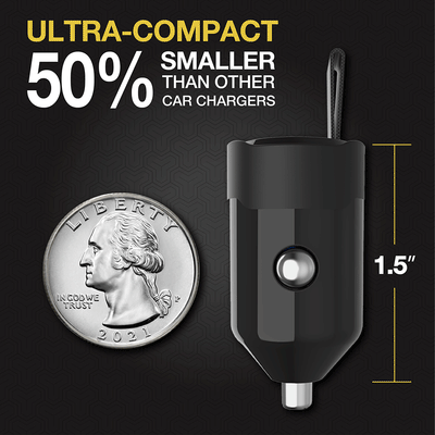 Ultra-Compact. 50% smaller than other car chargers. Measures 1.5 depth.