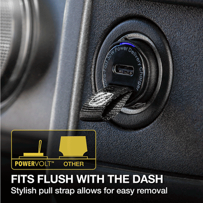 Fits flush with the dash. Stylish pull strap allows for easy removal. Powervolt versus other.