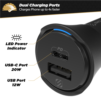 Dual charging ports charges phone up to 4X faster. LED power indicator  USB-C port 20W  USB port 12W