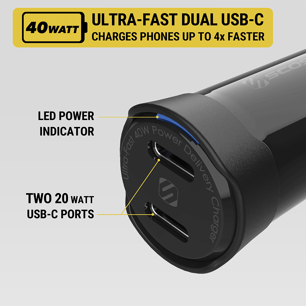 Ultra-fast dual USB-C charges phones up to 4X faster. Features LED power indicator and 2 20watt USBC ports