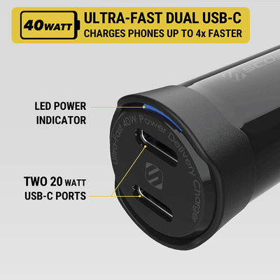 Ultra-fast dual USB-C charges phones up to 4X faster. Features LED power indicator and 2 20watt USBC ports
