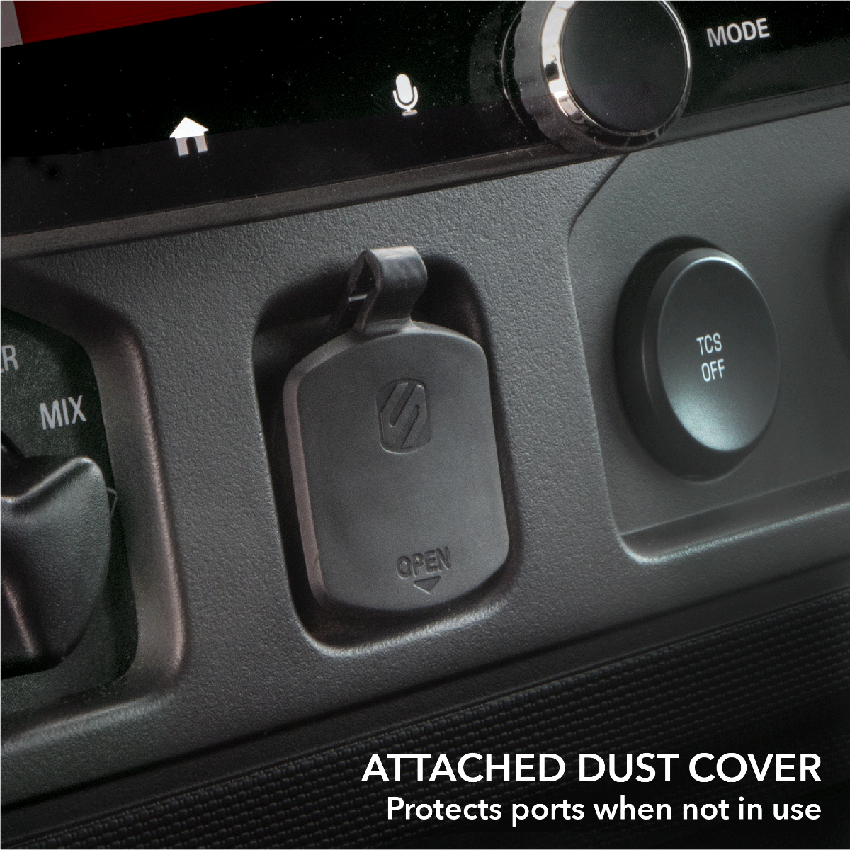 Attached dust cover protects ports when not in use.