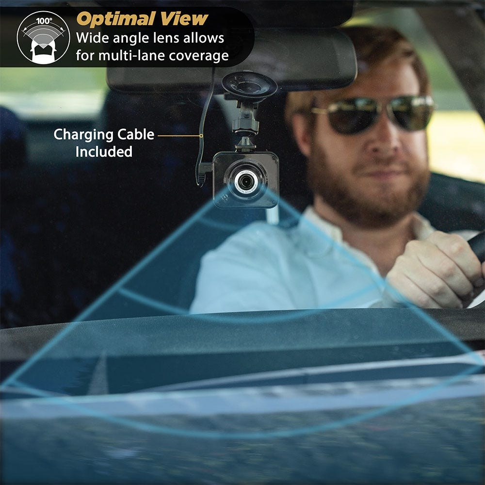 Optimal view. Wide angle lens allows for multi-lane coverage. Charging cable included.